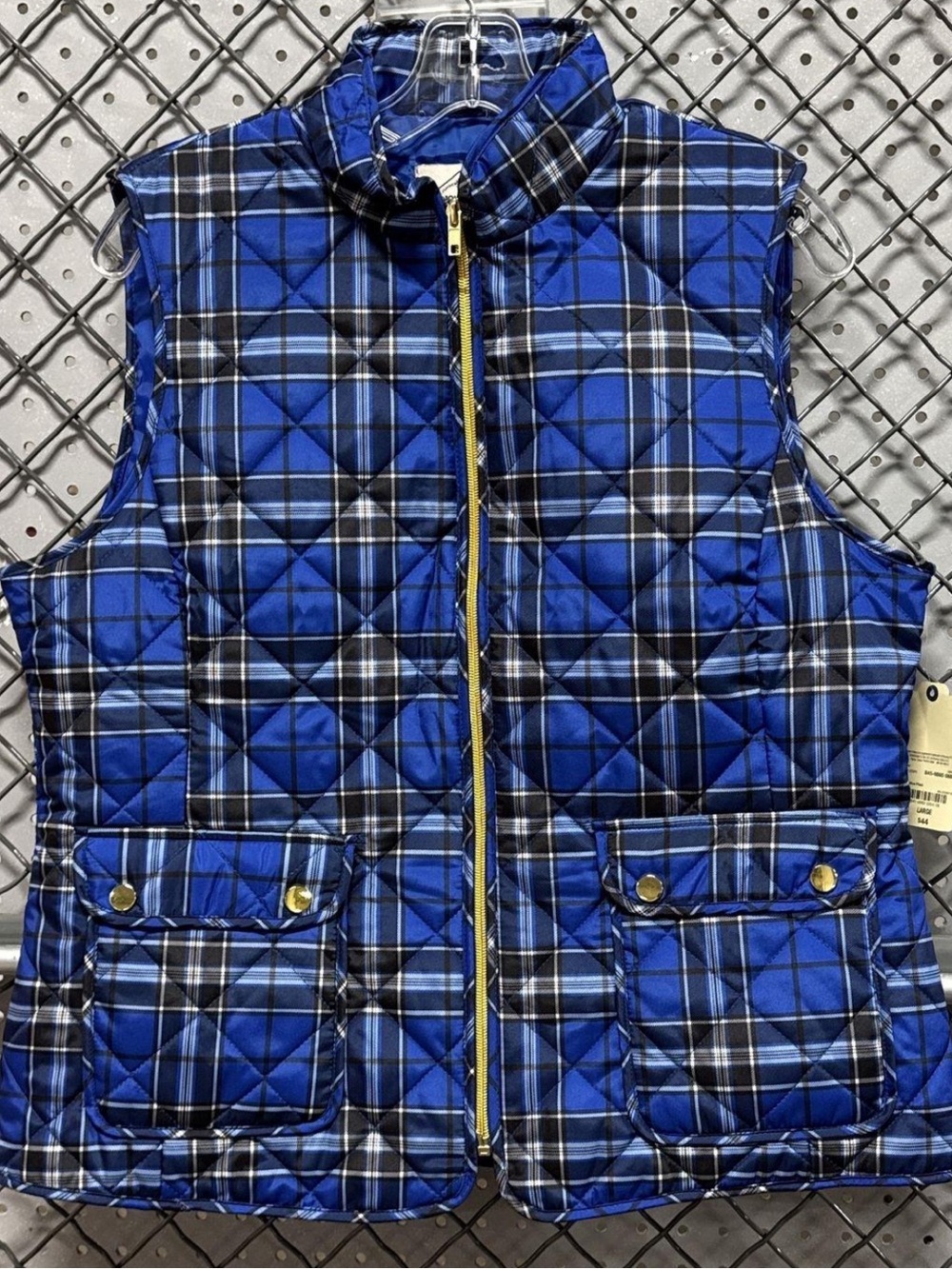 Blue Plaid Quilted Vest with Gold Accents